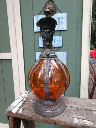 Antique German Secession Orange Blown Glass Wine Ewer Pewter Figural Bacchus