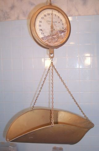 1931 Chatillon 40 Lb Hanging Market Mecantile Store Clock Face Scale W Scoop Pan
