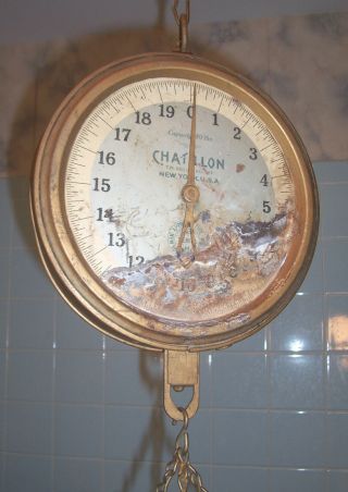 1931 Chatillon 40 Lb Hanging Market Mecantile Store Clock Face Scale w Scoop Pan 2