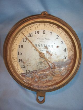 1931 Chatillon 40 Lb Hanging Market Mecantile Store Clock Face Scale w Scoop Pan 3