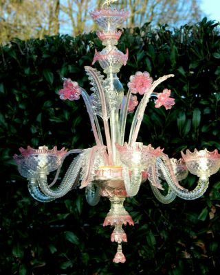 Rare Pink Murano Venetian Hand Blown Glass Chandelier 1970 6 Arm