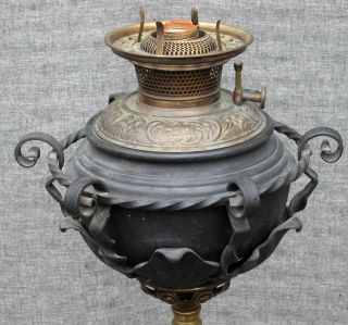 Antique 19c Bradley Hubbard B&H Piano Floor Oil Lamp Iron Gothic Floral Globe 3