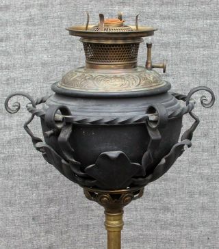 Antique 19c Bradley Hubbard B&H Piano Floor Oil Lamp Iron Gothic Floral Globe 9