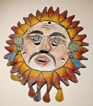 Modernist Starburst Painted Copper Mask Sunburst Man With Nose Guerrero Mexico