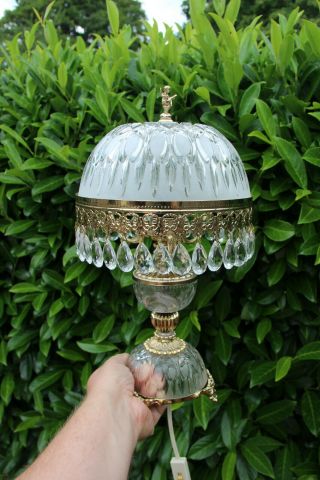 Vintage French Crystal Clear Glass Putti Angel Table Desk Lamp Drops 1970