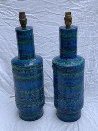 Pair Mid Century Bitossi Rimini Blu Londi Raymor Pottery Lamp Bases Lamps Blue