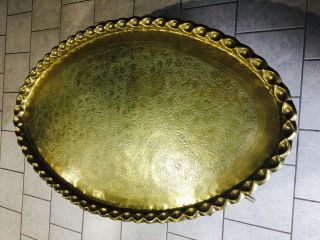 Vintage Moroccan Brass Coffee Table With Wooden Base