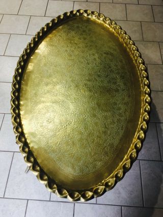 Vintage Moroccan Brass Coffee Table with Wooden Base 5