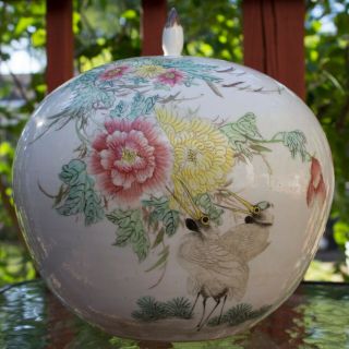Signed Chinese Republic Period Famille Rose Porcelain Crane Flowers Vase Jar Urn 12