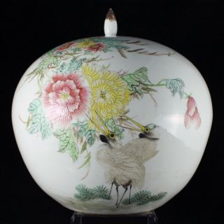 Signed Chinese Republic Period Famille Rose Porcelain Crane Flowers Vase Jar Urn
