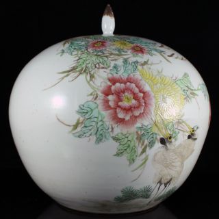 Signed Chinese Republic Period Famille Rose Porcelain Crane Flowers Vase Jar Urn 3