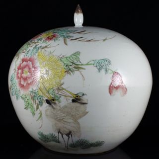 Signed Chinese Republic Period Famille Rose Porcelain Crane Flowers Vase Jar Urn 4