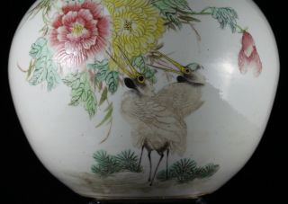 Signed Chinese Republic Period Famille Rose Porcelain Crane Flowers Vase Jar Urn 7