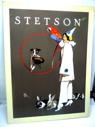 1920 ' s Stetson Hats Arts Deco woman In Clown Oufit w/ Parrot Store Display Sign 5