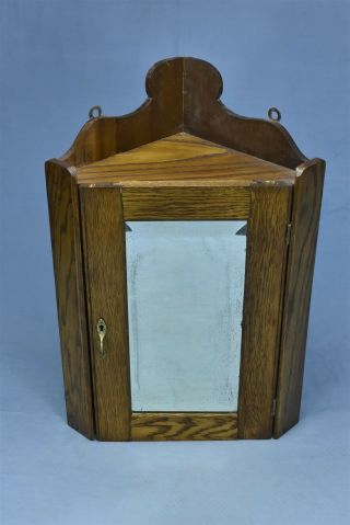 Antique Oak Hanging Corner Medicine Cabinet With Beveled Mirror Refinished 04637