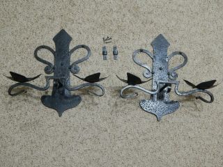 Pair Vintage Handmade Mid - Century Mcm Wrought Iron Wall Candle Holder Sconces