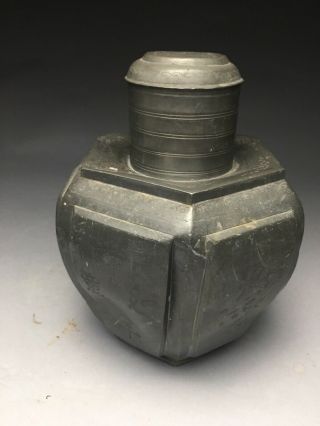 Large Antique Chinese Pewter Tea Caddy With Calligraphy And Drawings Hallmarked 4