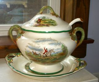 Large Soup Tureen W Underplate & Ladle Herring Hunt Drawing The Dingle Spode