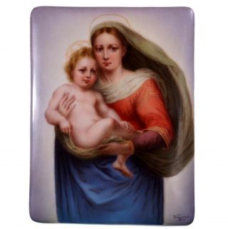 Antique German Hutschenreuther Hand Painted Madonna And Jesus Porcelain Plaque