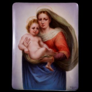 Antique German Hutschenreuther Hand Painted Madonna and Jesus Porcelain Plaque 2
