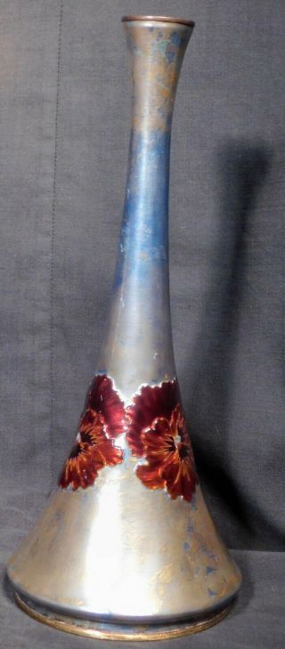 Antique Limoges Enamel Copper Brass Art Nouveau French Vase Red Poppy Ala Faure