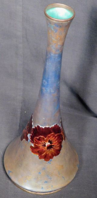 Antique Limoges Enamel Copper Brass Art Nouveau French Vase Red POPPY ala Faure 2