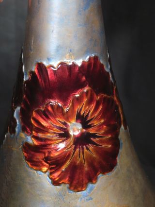 Antique Limoges Enamel Copper Brass Art Nouveau French Vase Red POPPY ala Faure 3