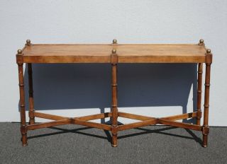 Vintage French Country Brown Sofa Table by Brandt w Round Finials 3