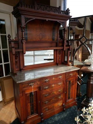 Antique Victorian Walnut Buffet/ Sideboard With Marble Top