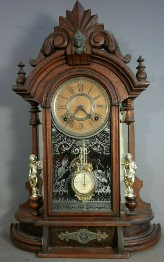 19thc Antique Victorian Era F Kroeber Figural Lady Bust & Putti Old Mantel Clock