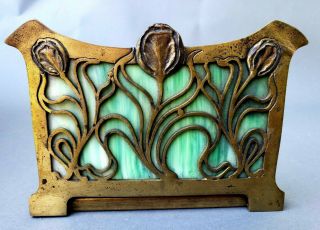 Art Nouveau Gilt Bronze Brass Secissionist Expandable Bookends Slag Glass