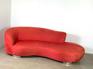 Vintage Red Vladimir Kagan Style Cloud Sofa Serpentine Mid Century Modern Chrome 2