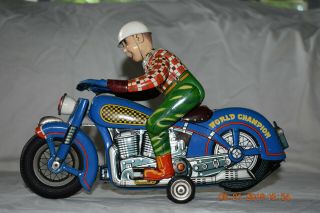 RARE Vintage 1950s Japan World Champion Tin Batt Op Motorcycle Masudaya M - T Co 2