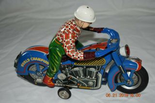 RARE Vintage 1950s Japan World Champion Tin Batt Op Motorcycle Masudaya M - T Co 6