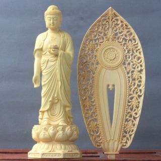 Old Chinese Boxwood Hand - Carved Buddha With Lotus Base Figure Statue
