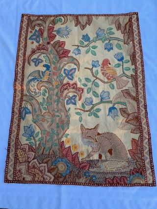 Antique Folk Art Embroidery Sampler Wall Hanging 1900 Fox Flowers Birds Wool