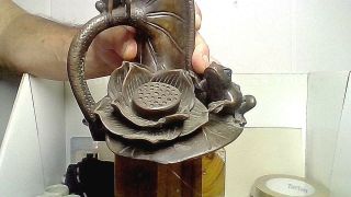 Antique Bronze Sculpted Lotus Flower/leaf Vase W/2 Frogs Patina Ex 8in.