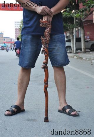 Old Chinese Boxwood Wood Carved Flower Crutch Crutches Cane Wand Walking Stick