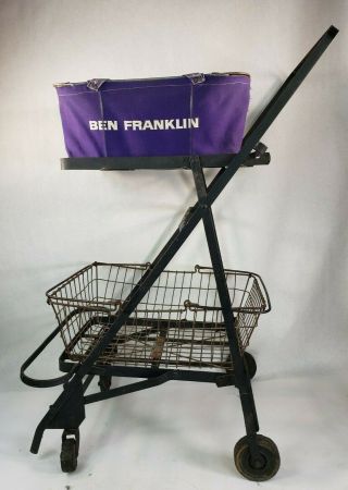 Antique Vintage Grocery Cart Shopping Metal Rolling Trolley W/ Baskets Folding