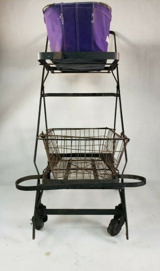ANTIQUE VINTAGE GROCERY CART Shopping METAL rolling TROLLEY W/ Baskets Folding 2