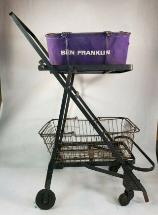 ANTIQUE VINTAGE GROCERY CART Shopping METAL rolling TROLLEY W/ Baskets Folding 3