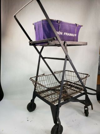 ANTIQUE VINTAGE GROCERY CART Shopping METAL rolling TROLLEY W/ Baskets Folding 4