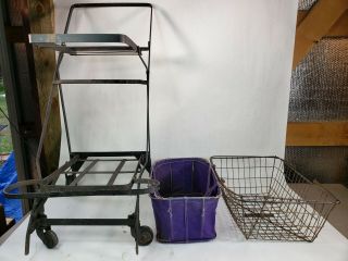 ANTIQUE VINTAGE GROCERY CART Shopping METAL rolling TROLLEY W/ Baskets Folding 5