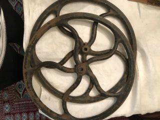 2 Antique Cast Iron 16 Inch Farm Belt Pulleys / Wheels