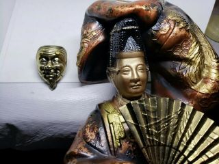 Japan bronze porcelain statue Toyo kabuki dancer w/ removable mask & fan 2nd 5