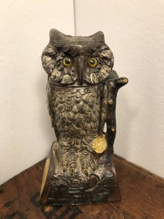 Antique Cast Iron Owl Turns Head Mechanical Bank By J & E Stevens Cir.  1881