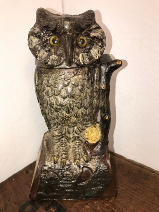 Antique Cast Iron Owl Turns Head Mechanical Bank by J & E Stevens Cir.  1881 6
