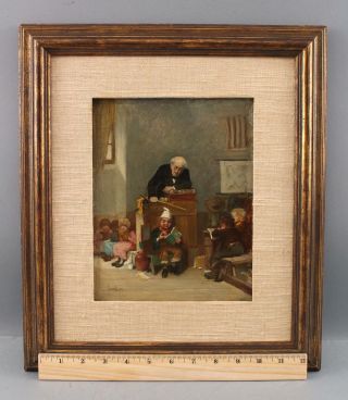19thc Antique English Genre John Burr Oil Painting,  School Teacher And Children