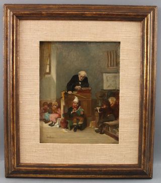 19thC Antique English Genre JOHN BURR Oil Painting,  School Teacher and Children 2