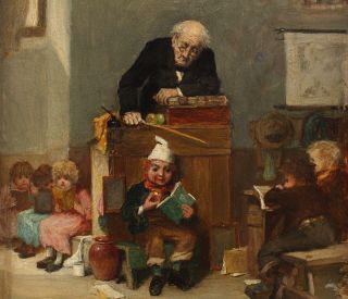 19thC Antique English Genre JOHN BURR Oil Painting,  School Teacher and Children 4